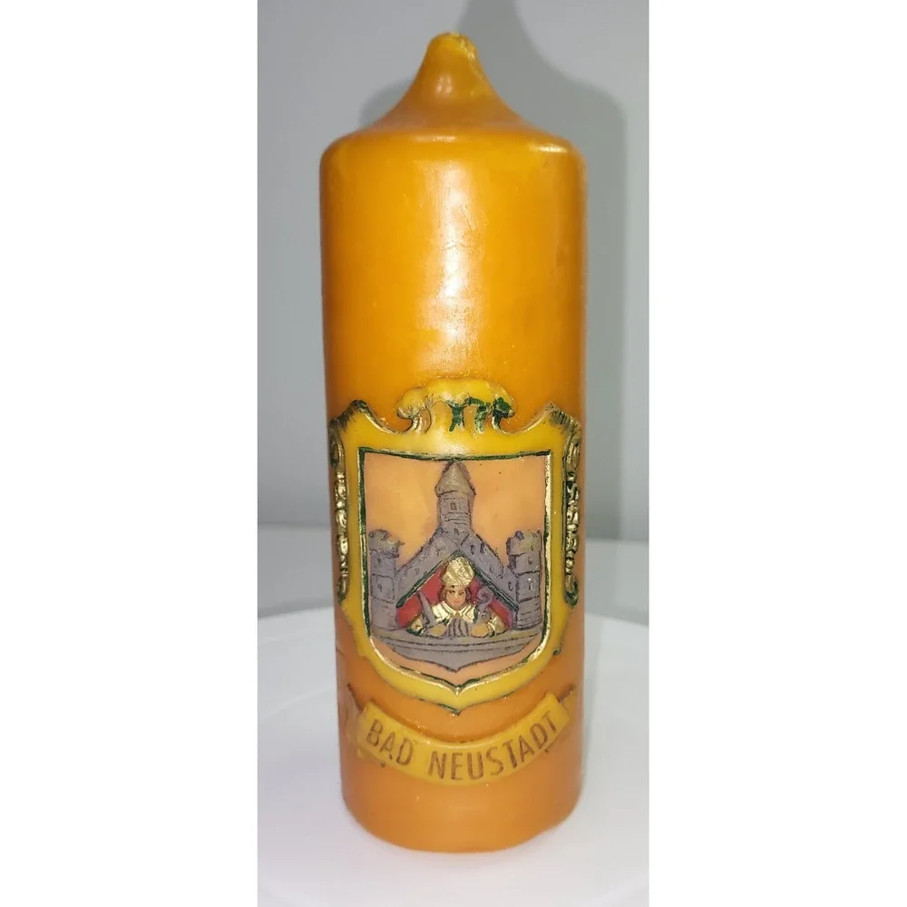 Vintage Bad Neustadt Germany Beeswax Pillar Candle Crest Souvenir 7in